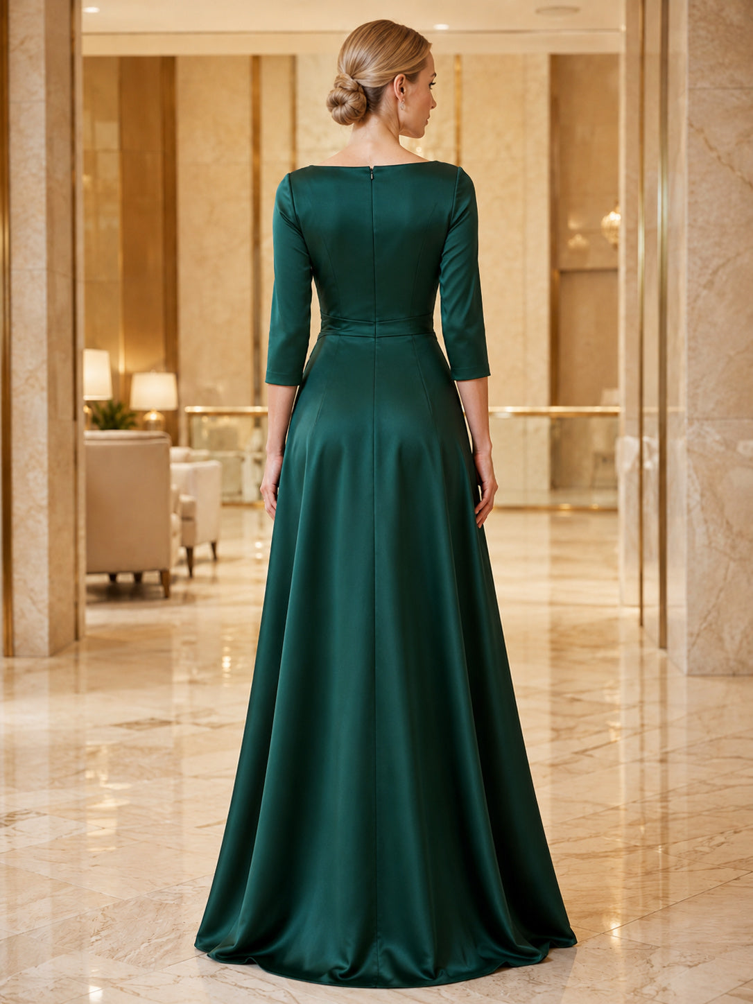 Dark Green Modest Bateau Long Sleeve A-Line Dress back view