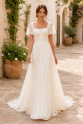 Square Neck Flutter Sleeve A-Line Wedding Dress with Soft Tulle Skirt and Train for Beach Garden Ceremony front view