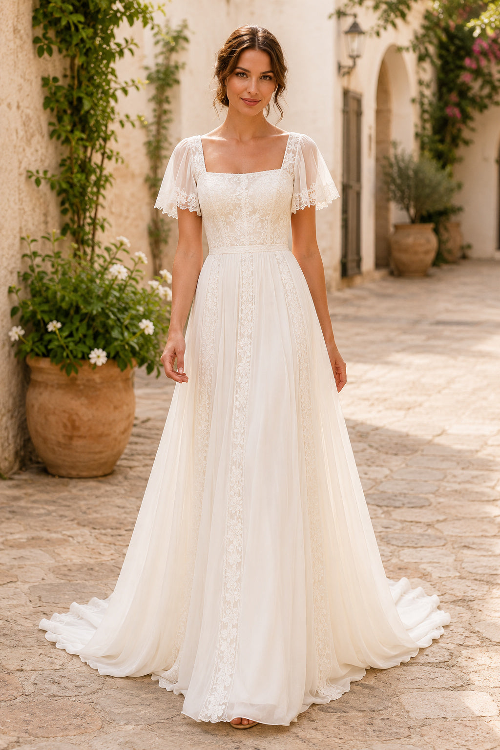 Square Neck Flutter Sleeve A-Line Wedding Dress with Soft Tulle Skirt and Train for Beach Garden Ceremony front view
