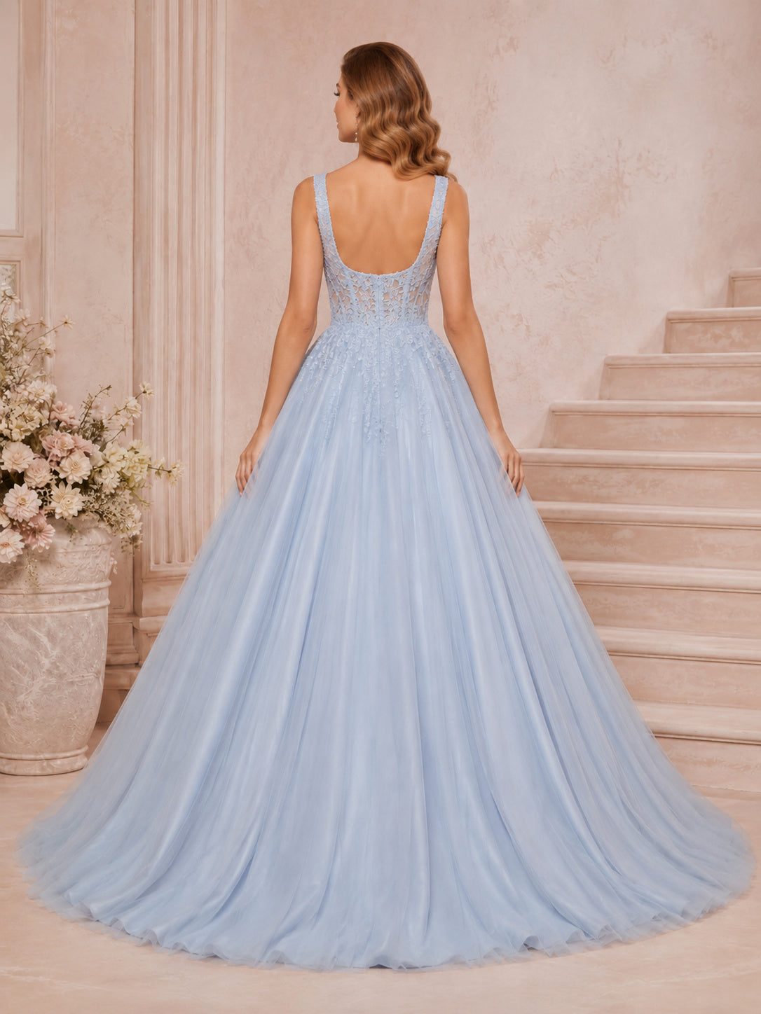 Powder Blue Square Neck Wide Strap Tulle Ball Gown Floor Length Dress back view