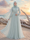 Sage Beach Muslim Poet Sleeve High Neck Chiffon Wedding Dress front view
