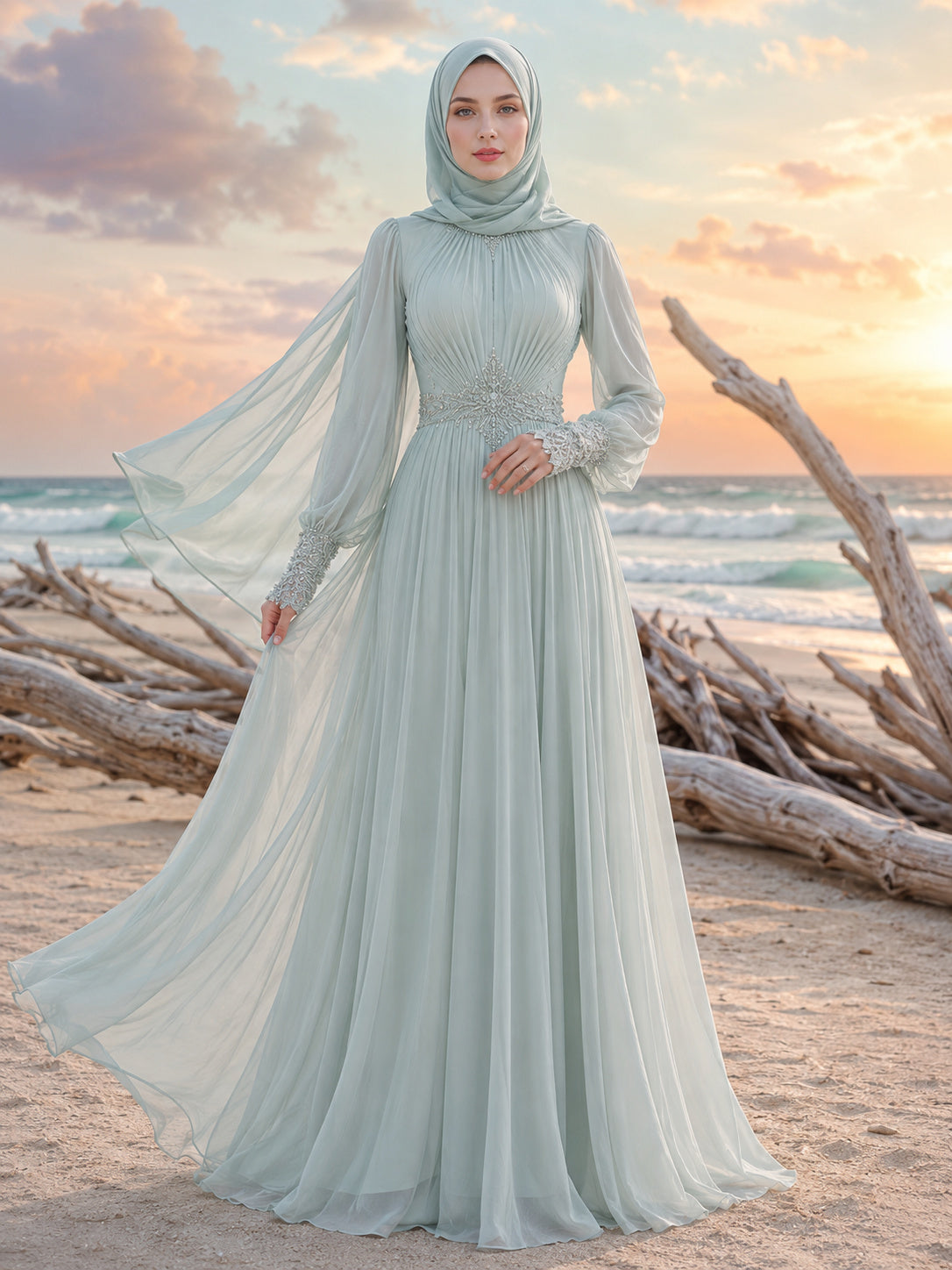 Sage Beach Muslim Poet Sleeve High Neck Chiffon Wedding Dress front view