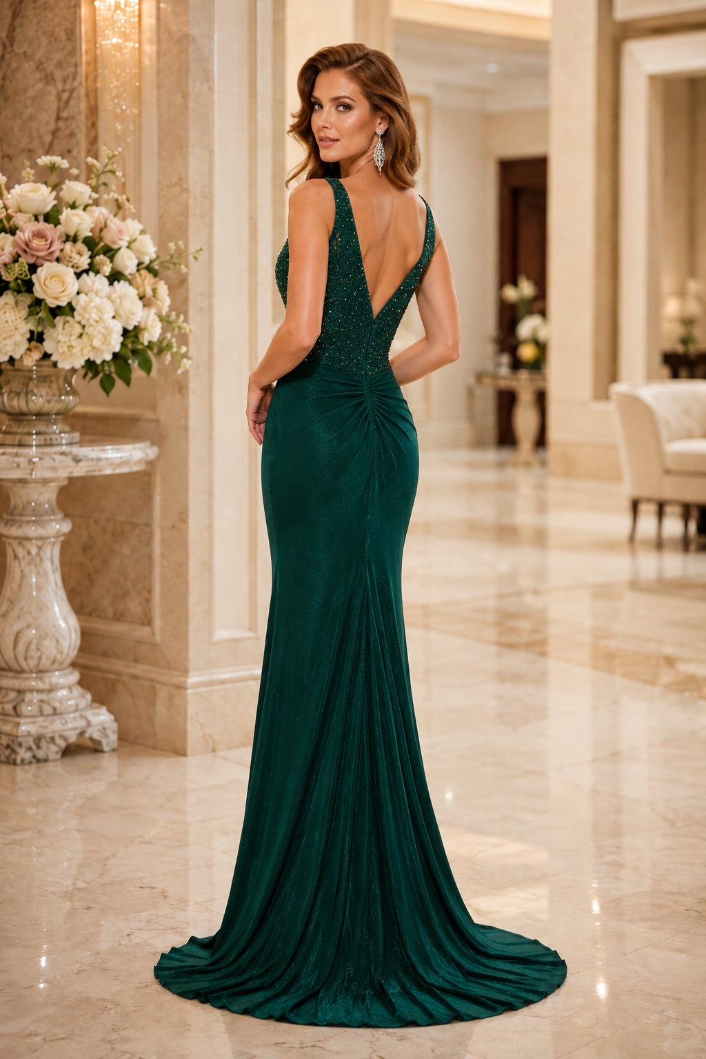 Dark Green V-Neck Sequin Mermaid Evening Dress with Low Back back view