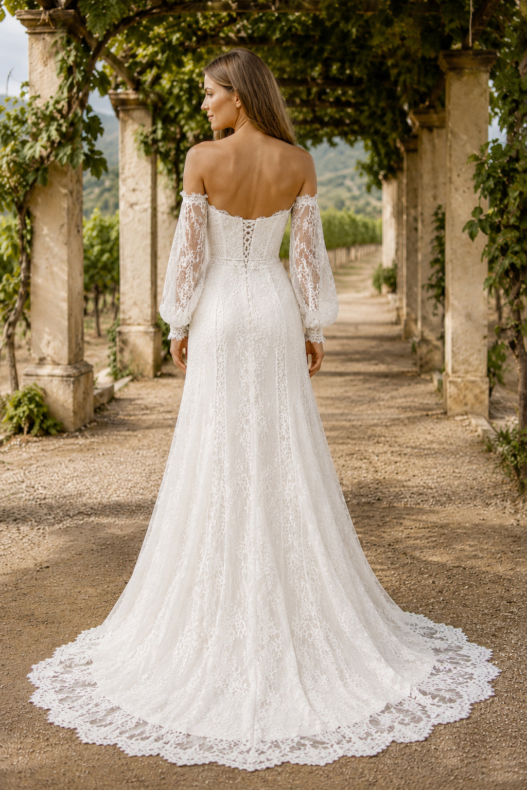 Ivory Off-the-Shoulder Long Sleeve Lace Sheath Wedding Dress with Sweep Train back view