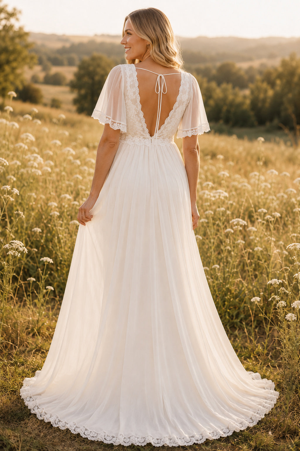 Ivory Maternity V-Neck Flutter Sleeve Chiffon A-Line Wedding Dress with Open Back back view