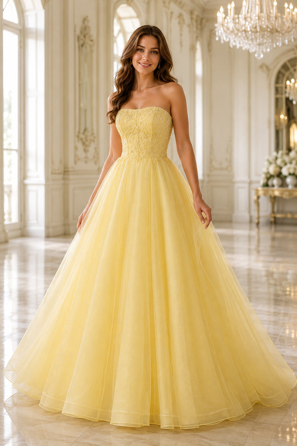 Prom Dress Daffodil Tulle Ball Gown Strapless Floor Length front view