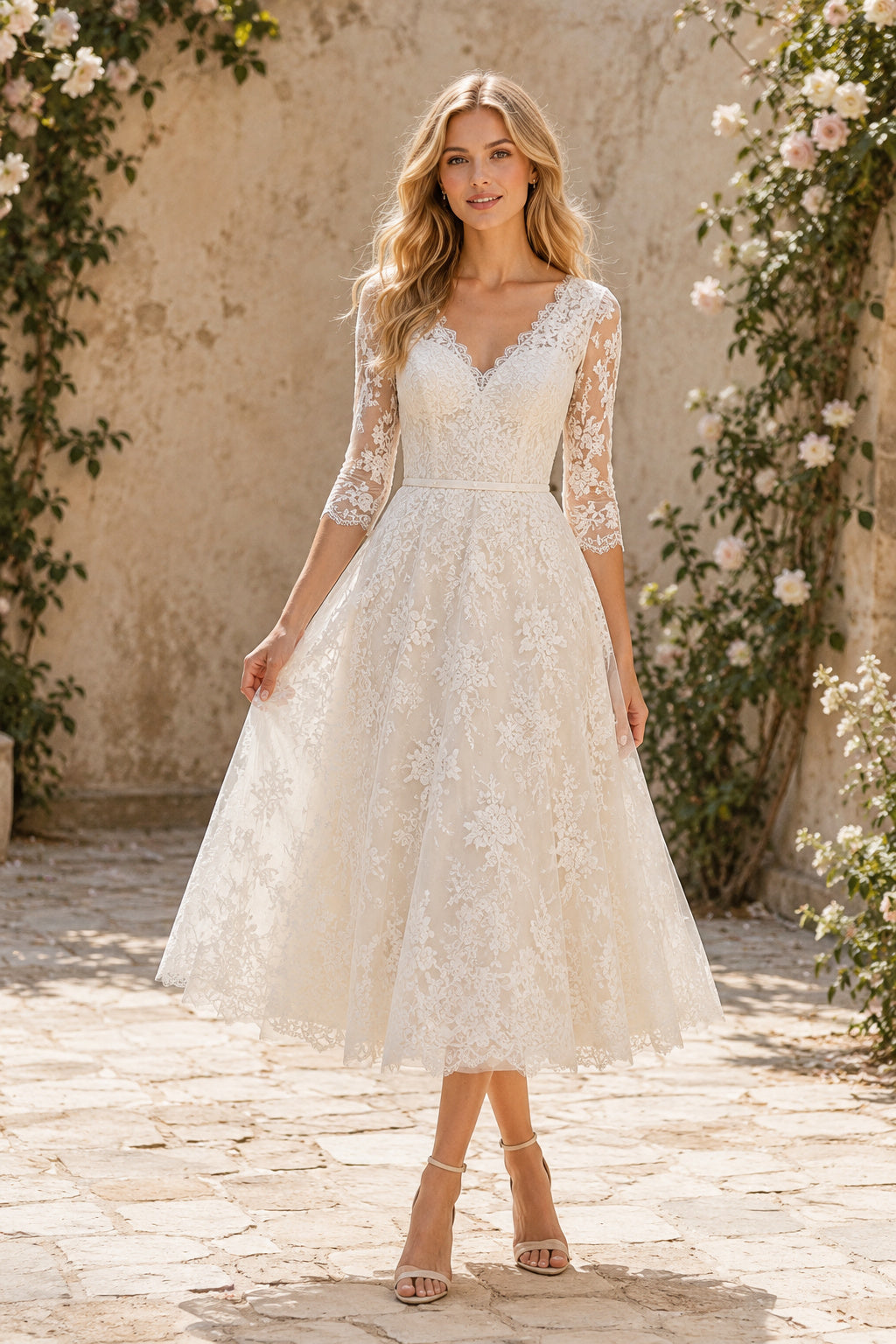 Ivory V-Neck Three-Quarter Sleeve Lace Tulle Tea-Length Wedding Dress with Three-Quarter Lace Sleeves and Midi Skirt front vi