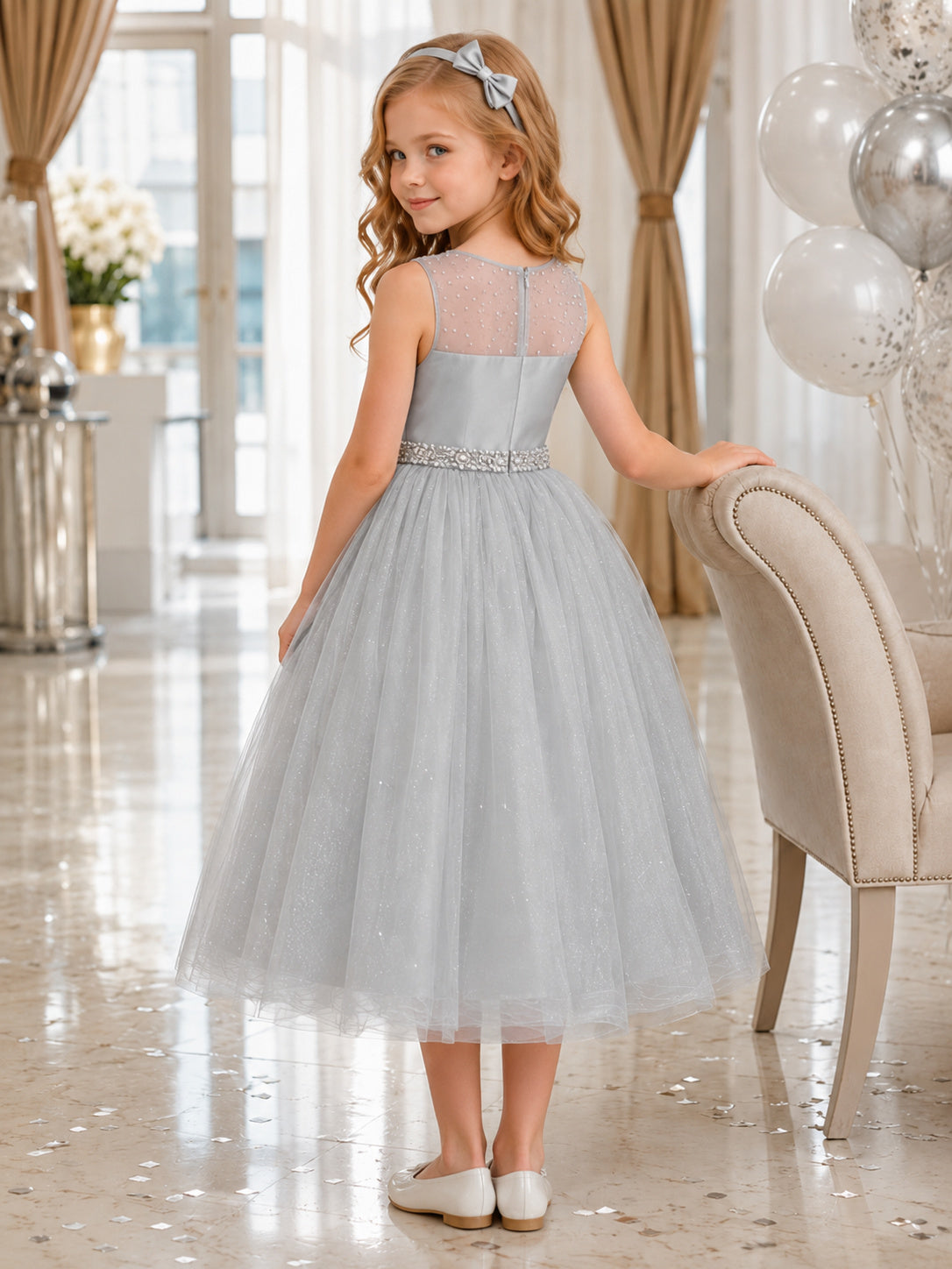 Simple Elegant Flower Girl Dress Square Neck Sleeveless Silver Tulle Tea Length Satin Waist back view