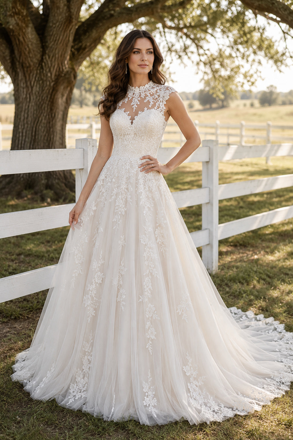 Ivory High Neck Illusion Lace A-Line Wedding Dress with Sleeveless Bodice and Train front view
