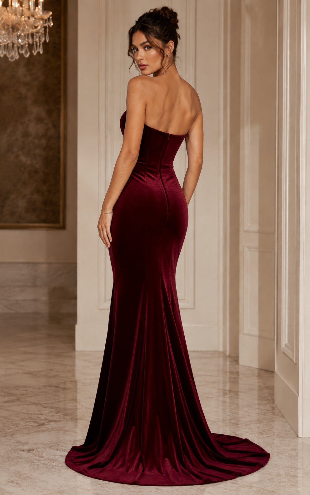 Burgundy Velvet Formal Dress with Sweetheart Neckline Sweep Train Gown back view