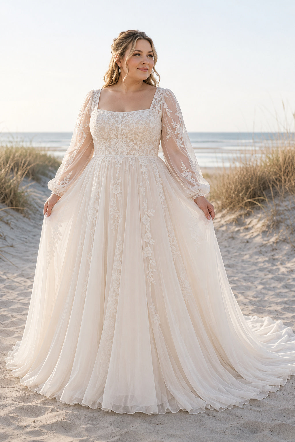 Plus Size Blushing Pink Square Neck Long Sleeve Tulle Wedding Dress front view