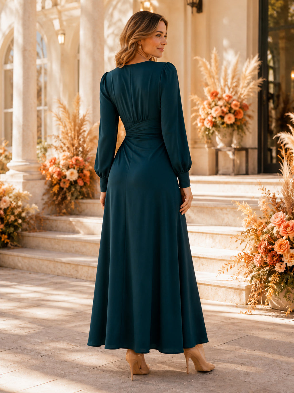 Peacock V-Neck Long Puff Sleeve Satin A-Line Midi Wedding Guest Dress back view