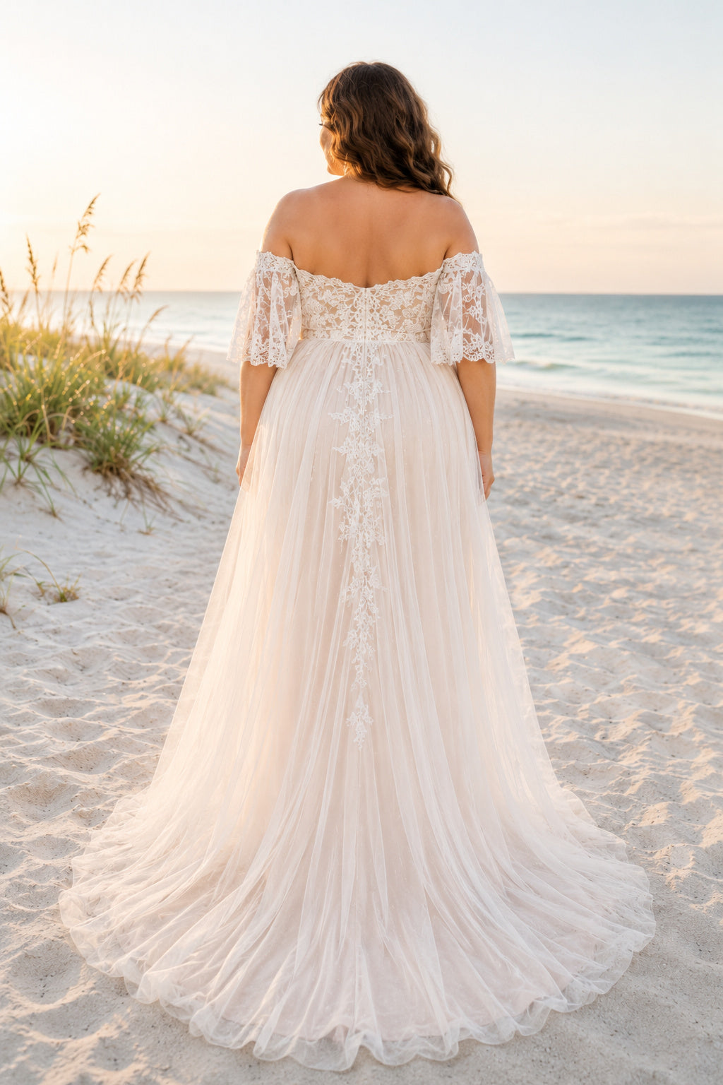 Ivory Plus Size Maternity Off-the-Shoulder Lace A-Line Wedding Dress with Train back view