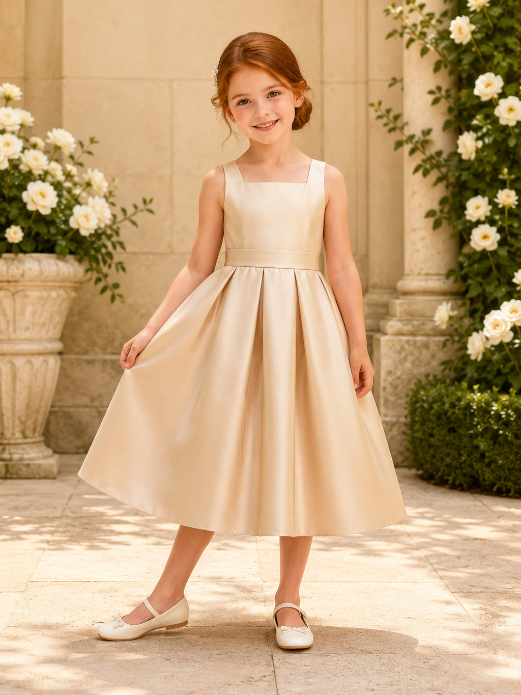 Simple A-Line Flower Girl Dress with Square Neck Sleeveless Champagne Satin Tea Length Reception front view