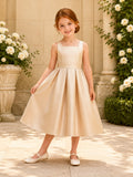 Simple A-Line Flower Girl Dress with Square Neck Sleeveless Champagne Satin Tea Length Reception front view