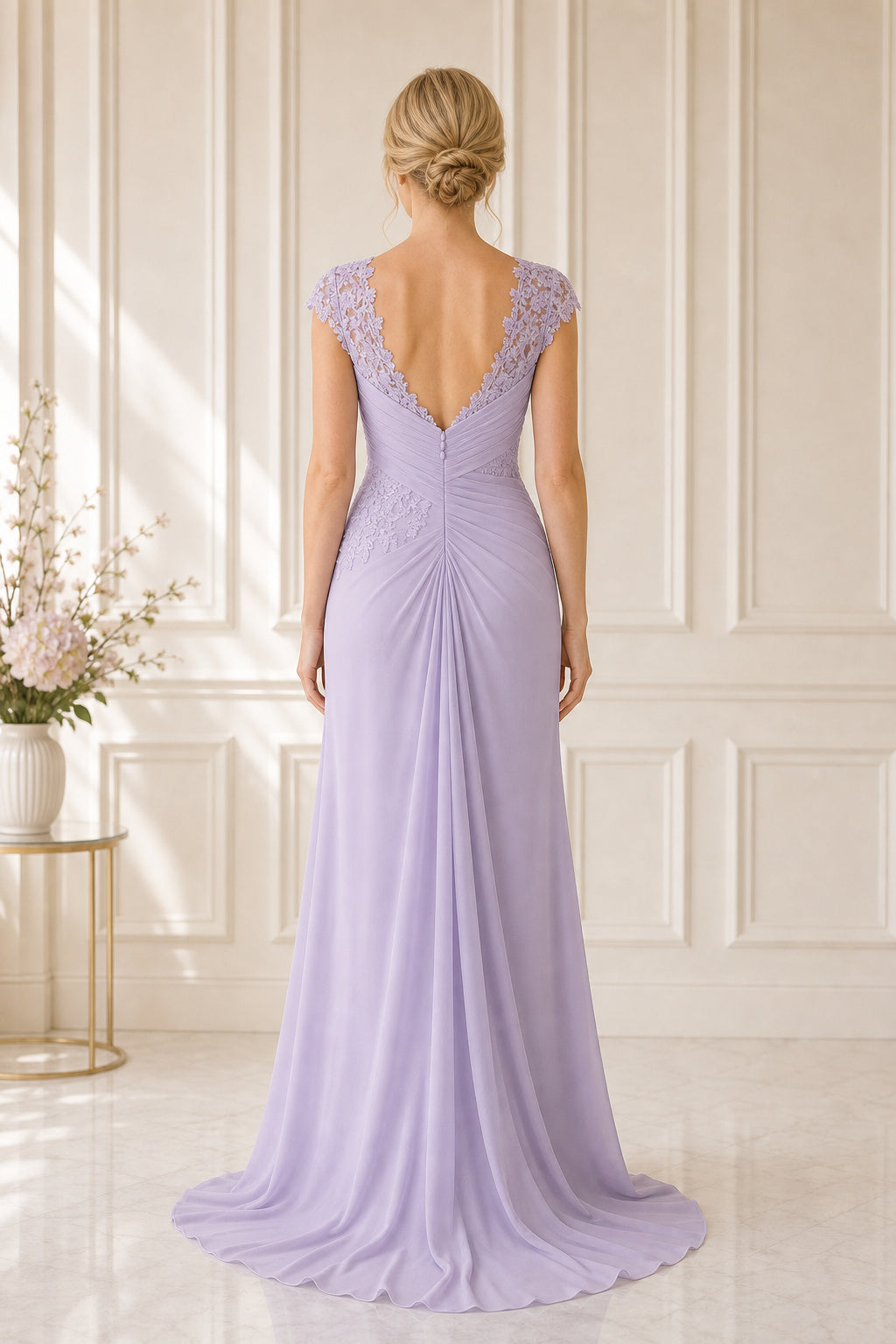 Lavender V-neck Cap Sleeve Sheath Chiffon Floor-Length Dress With Ruffle Skirt