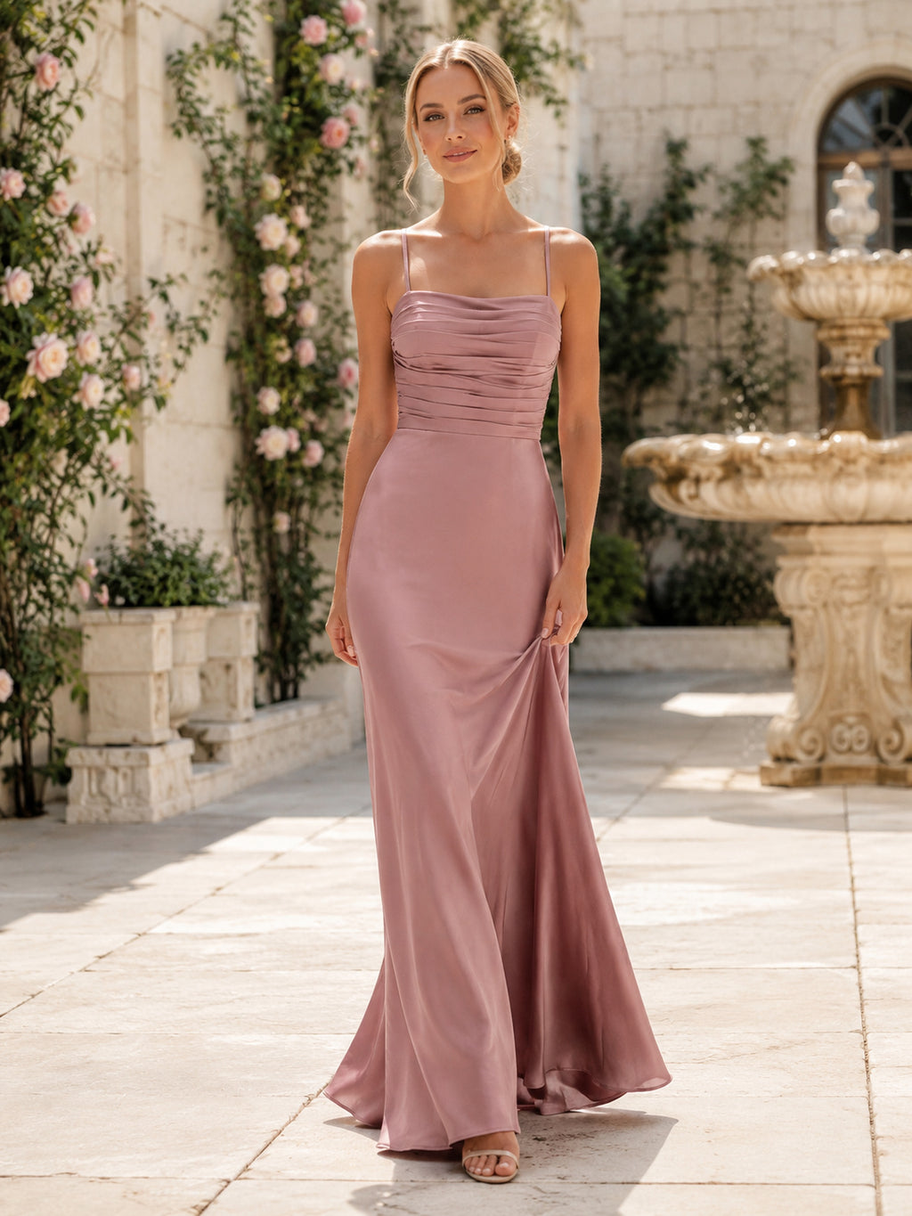 Mauve ruched square neck satin floor length sheath bridesmaid gown front view
