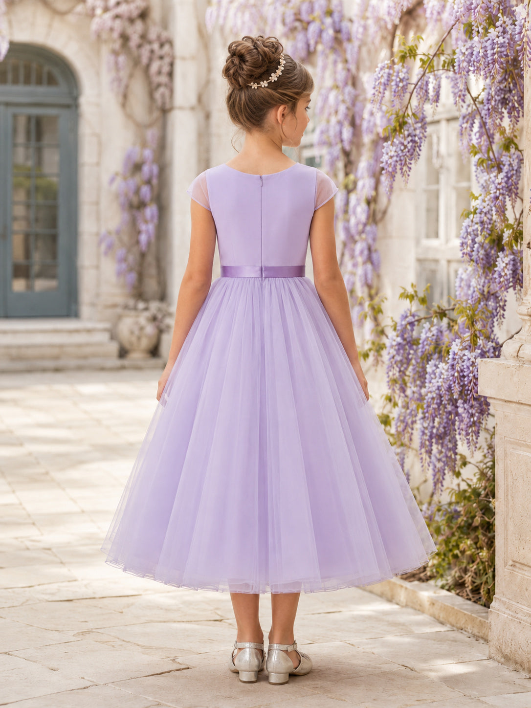 Flower Girl Dress Lavender Tulle A-Line Sleeveless Jewel Neck Tea Length Bow Detail back view