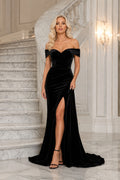 Black Velvet Off-the-Shoulder Mermaid Formal Dress with Slit front view