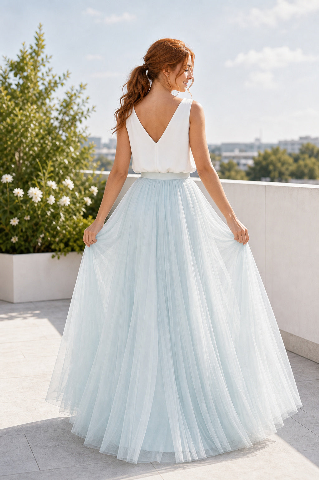 V-neck Sleeveless A-Line Tulle Floor-Length Dress With Full Skirt