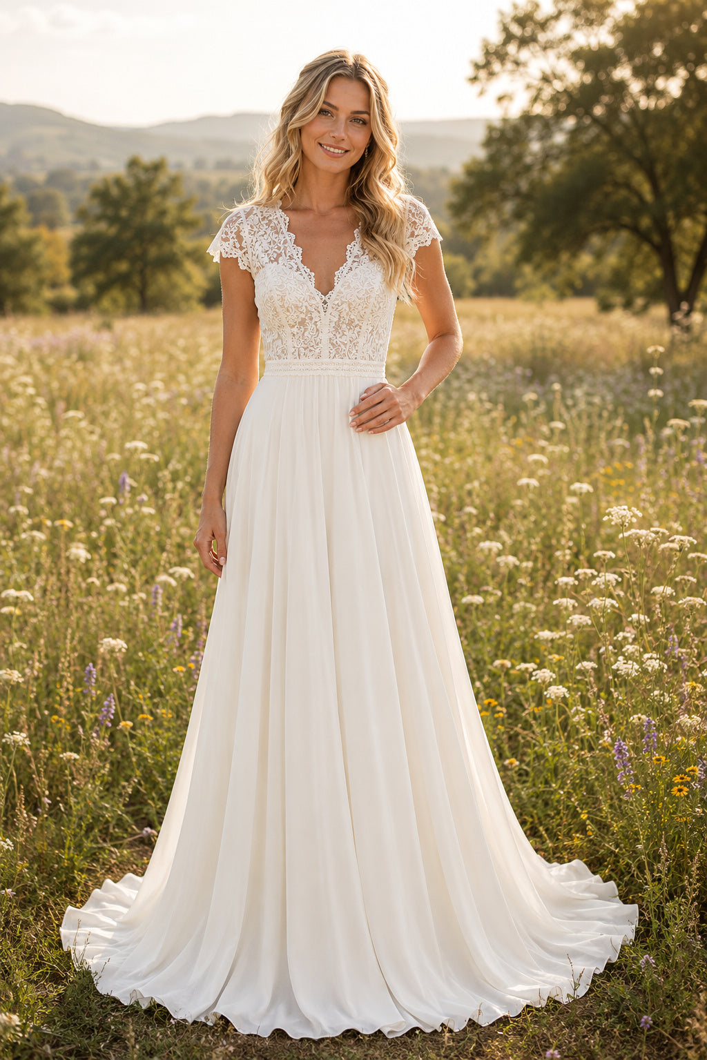 Cap Sleeve V-Neck A-Line Wedding Dress with Lace Bodice and Chiffon Sweep Train for Beach Garden Ceremony front view