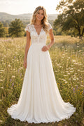Cap Sleeve V-Neck A-Line Wedding Dress with Lace Bodice and Chiffon Sweep Train for Beach Garden Ceremony front view