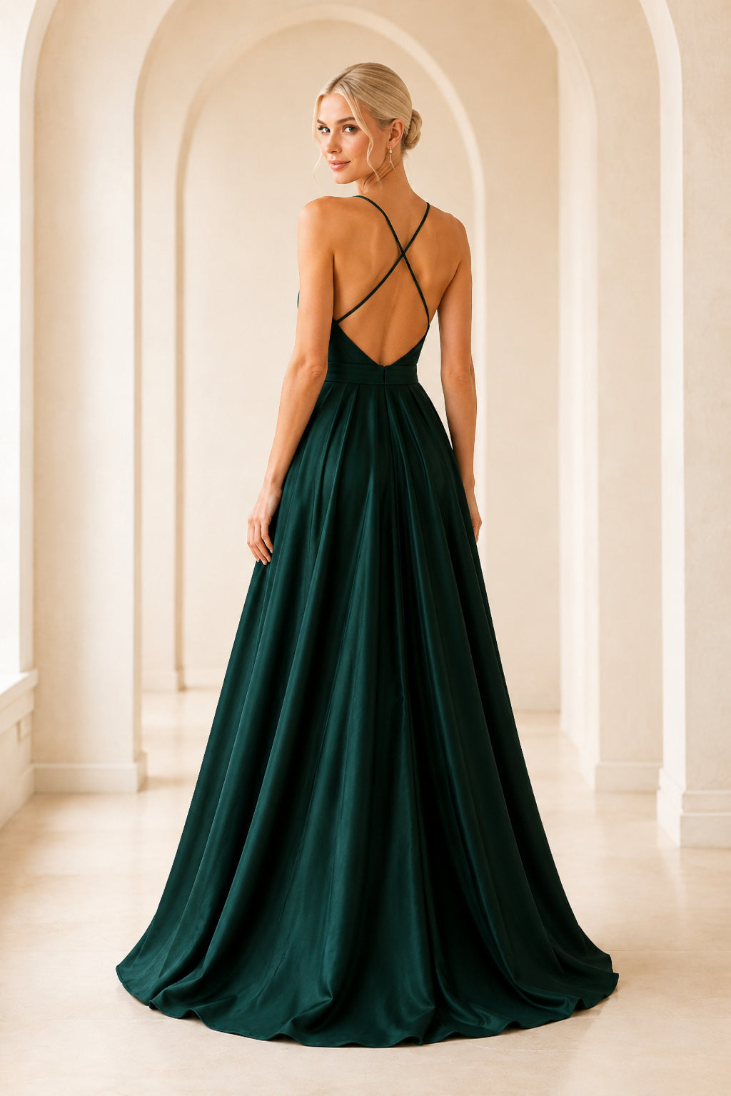Plus Size Dark Green Spaghetti Strap Satin A-Line Formal Dress with Criss Cross Open Back back view