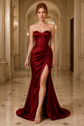 Burgundy Strapless Satin Mermaid Prom Dress with Corset Bodice, Front Slit, and Sweep Train front view