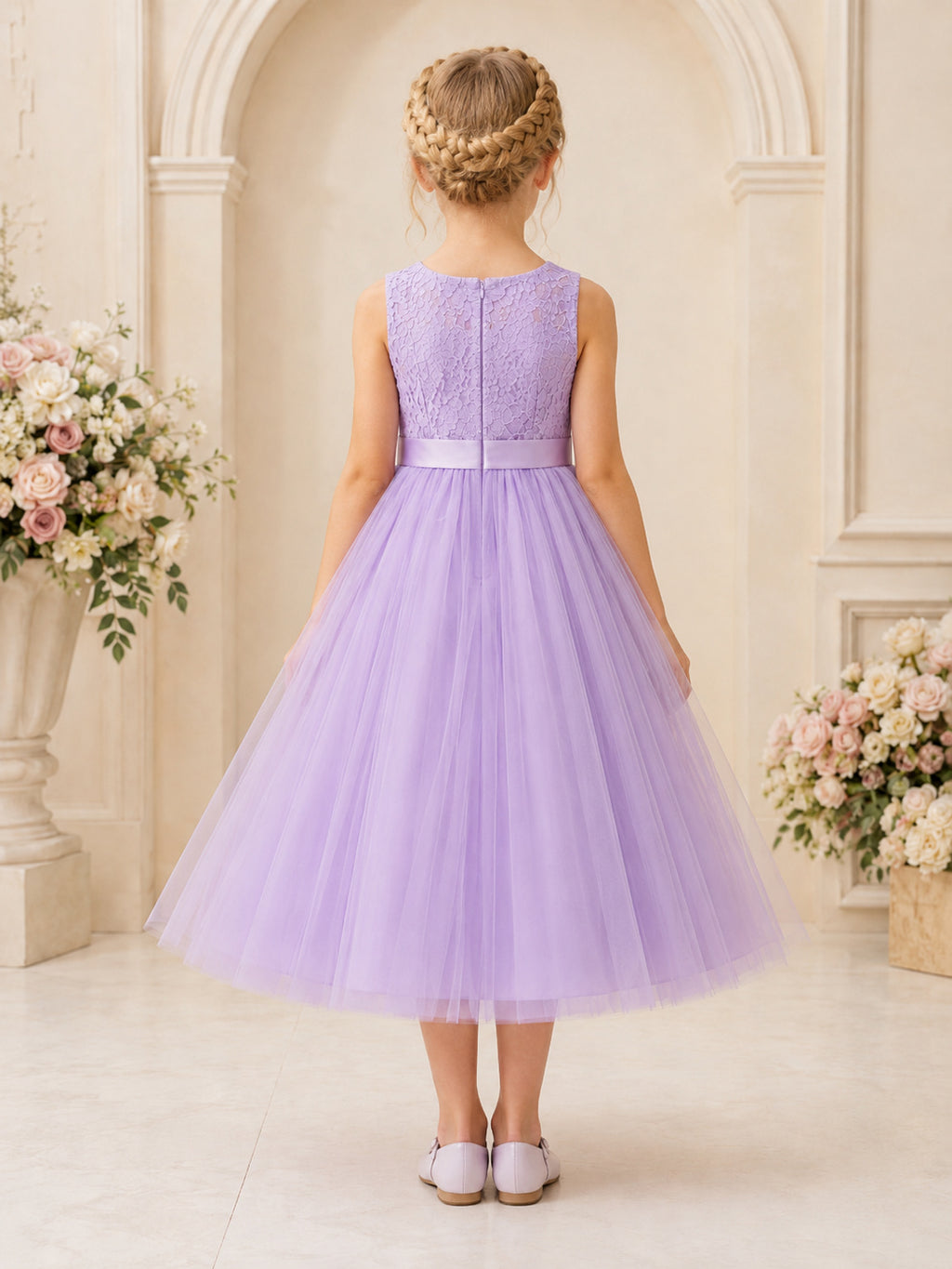 Lilac Bow Back Tulle A-Line Flower Girl Dress with Jewel Neck, Sleeveless, and Tea-length Skirt back view