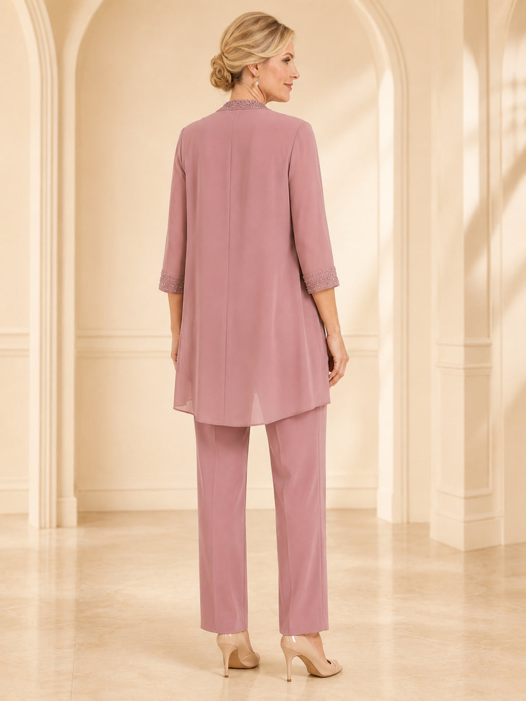 Dusty Rose Jewel Neck Three Quarter Sleeve Long Jacket Two Piece Mother Pantsuit back view
