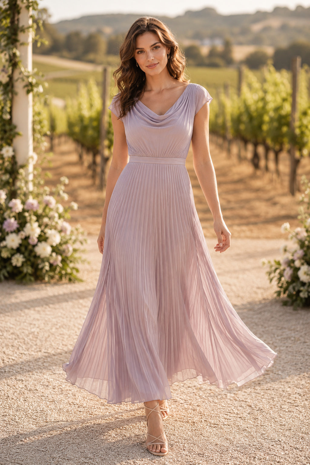Lavender Cowl Neck Pleated Tea-Length Dress with Cross Back front view