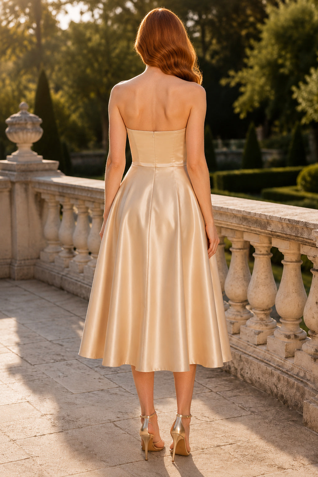 Champagne Satin Midi Cocktail Sheath Dress back view
