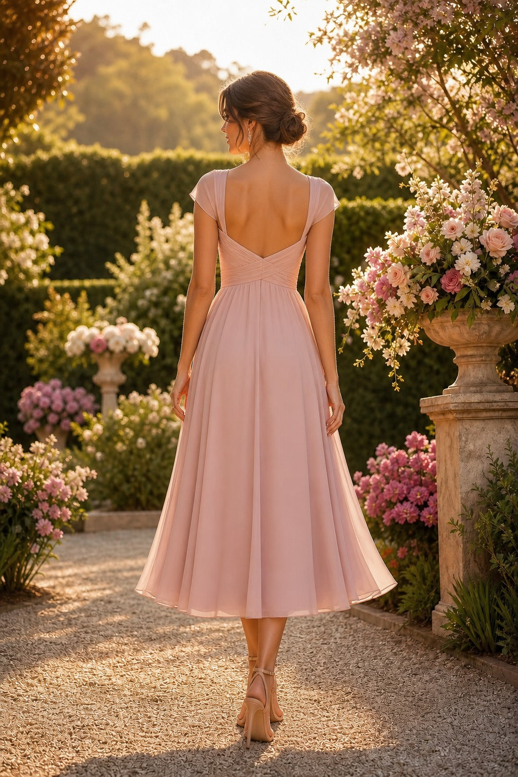 Peach Scoop Neck Tea-Length Tulle A-Line Dress