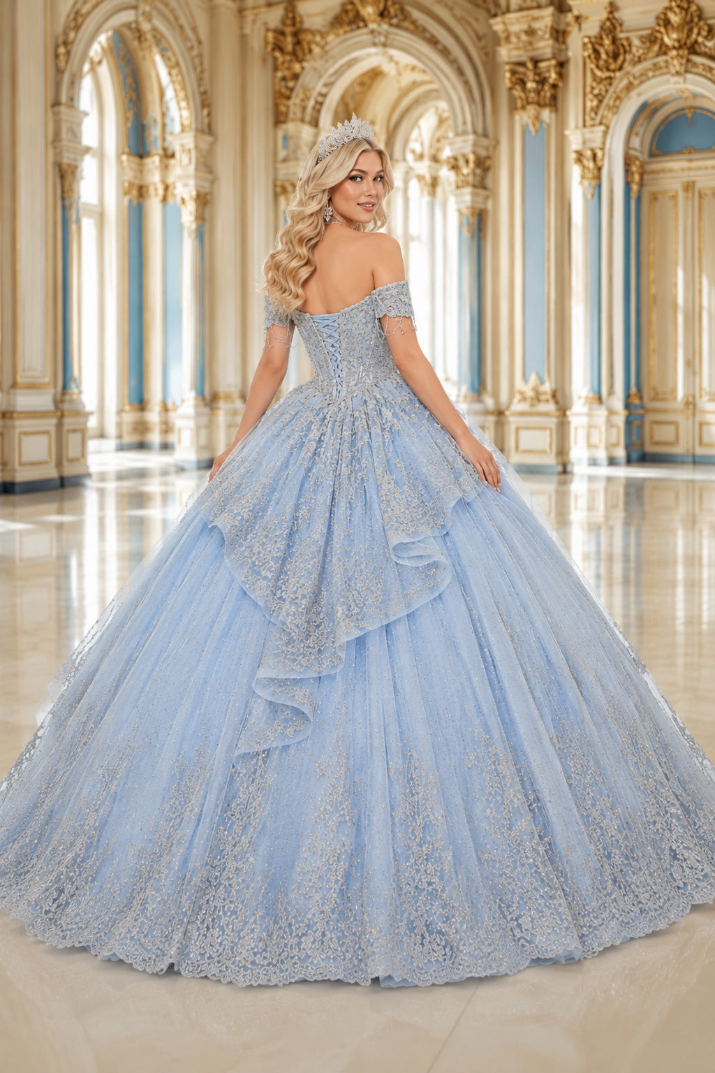 Sky Blue Off-the-Shoulder Applique Ball Gown Quinceanera Dress with Layered Skirt back view