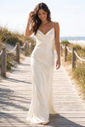 Simple Cowl Neck Satin Sheath Wedding Dress with Spaghetti Straps and Low Open Back front view