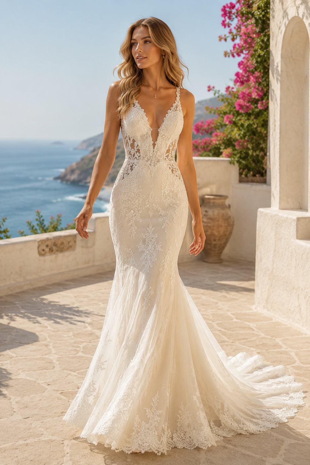 Ivory Spaghetti Lace Mermaid Wedding Dress Low Back Train for Wedding Ceremony and Reception front view