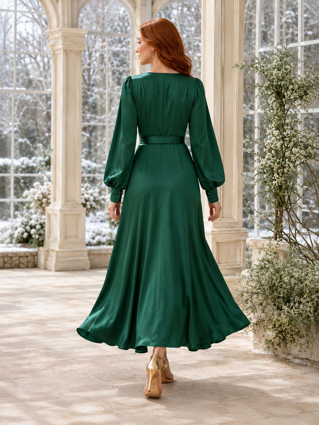 Dark Green Satin V-neck Long Sleeve Tea-length Dress back view
