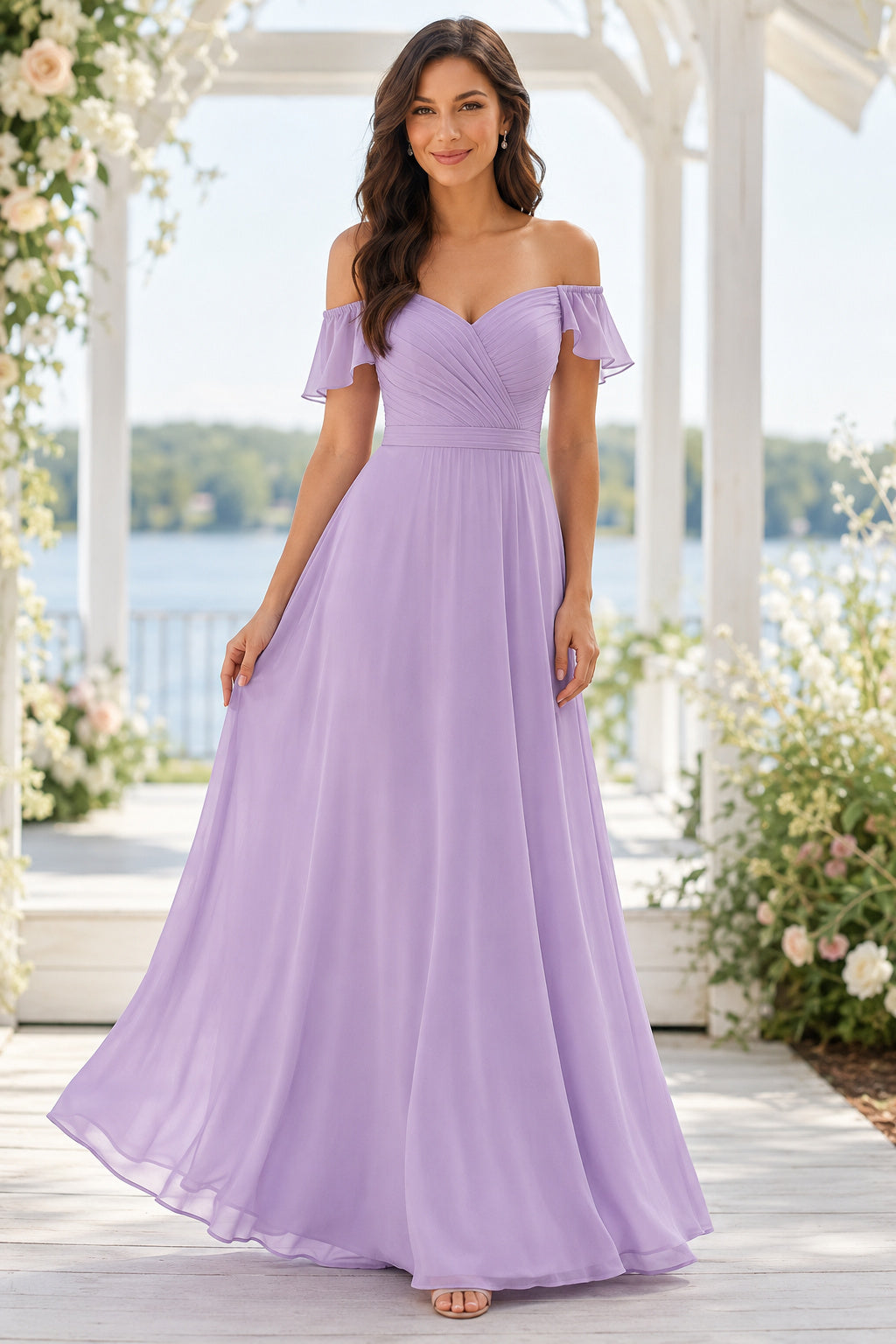 Lavender Off-the-Shoulder Chiffon Bridesmaid Dress with Sweetheart Neck and Flutter Sleeves front view