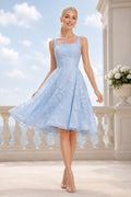 Sky Blue Square Neck Lace Tea-Length A-Line Cocktail Dress with Wide Straps for Guest Events front view