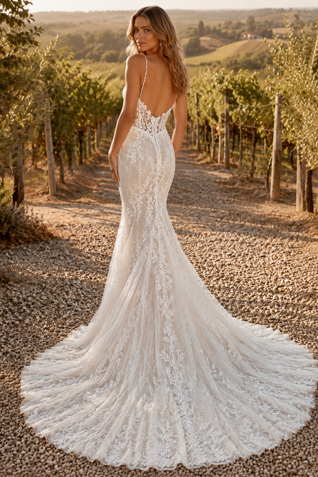 Ivory Sexy Spaghetti Neck Mermaid Allover Lace Wedding Dress with Spaghetti Straps and Chapel Train back view