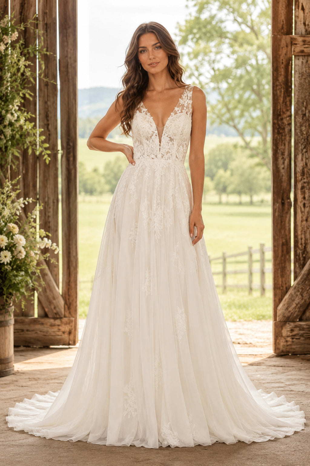Deep V Strap A-Line Wedding Dress with Lace Applique Bodice and Full Tulle Train front view