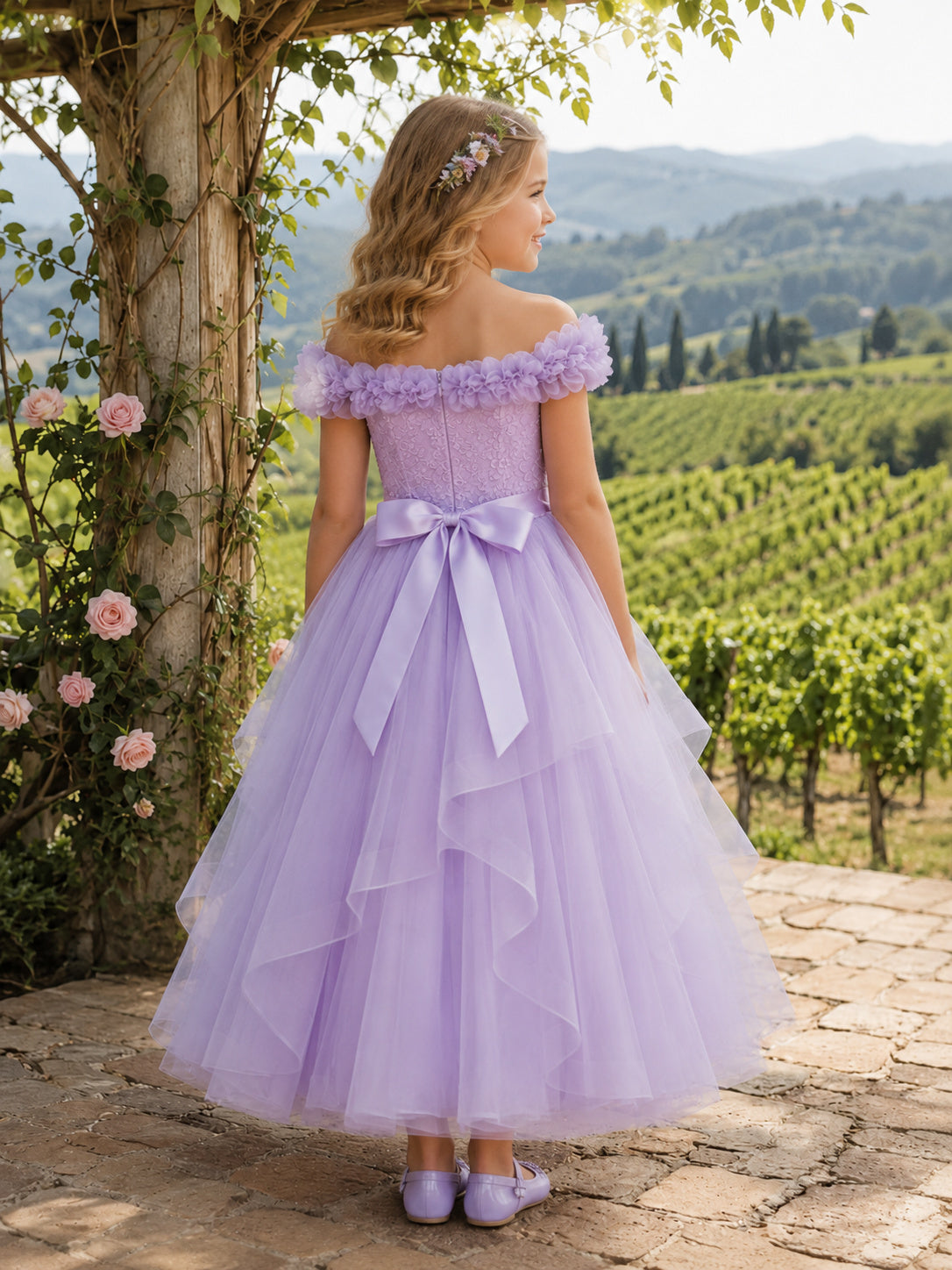 Romantic Luxury Flower Girl Dress Off Shoulder Cap Sleeve Lavender Tulle Tiered Tea Length Bow back view