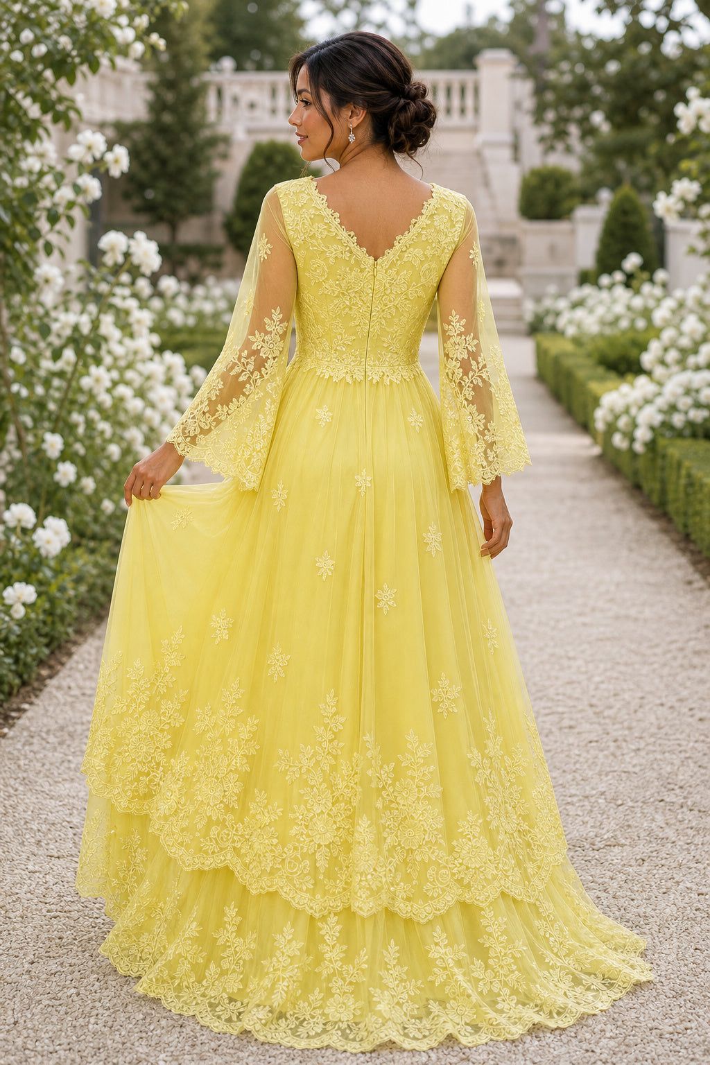 V-neck Long Sleeve A-Line Lace Floor-Length Dress With Appliques