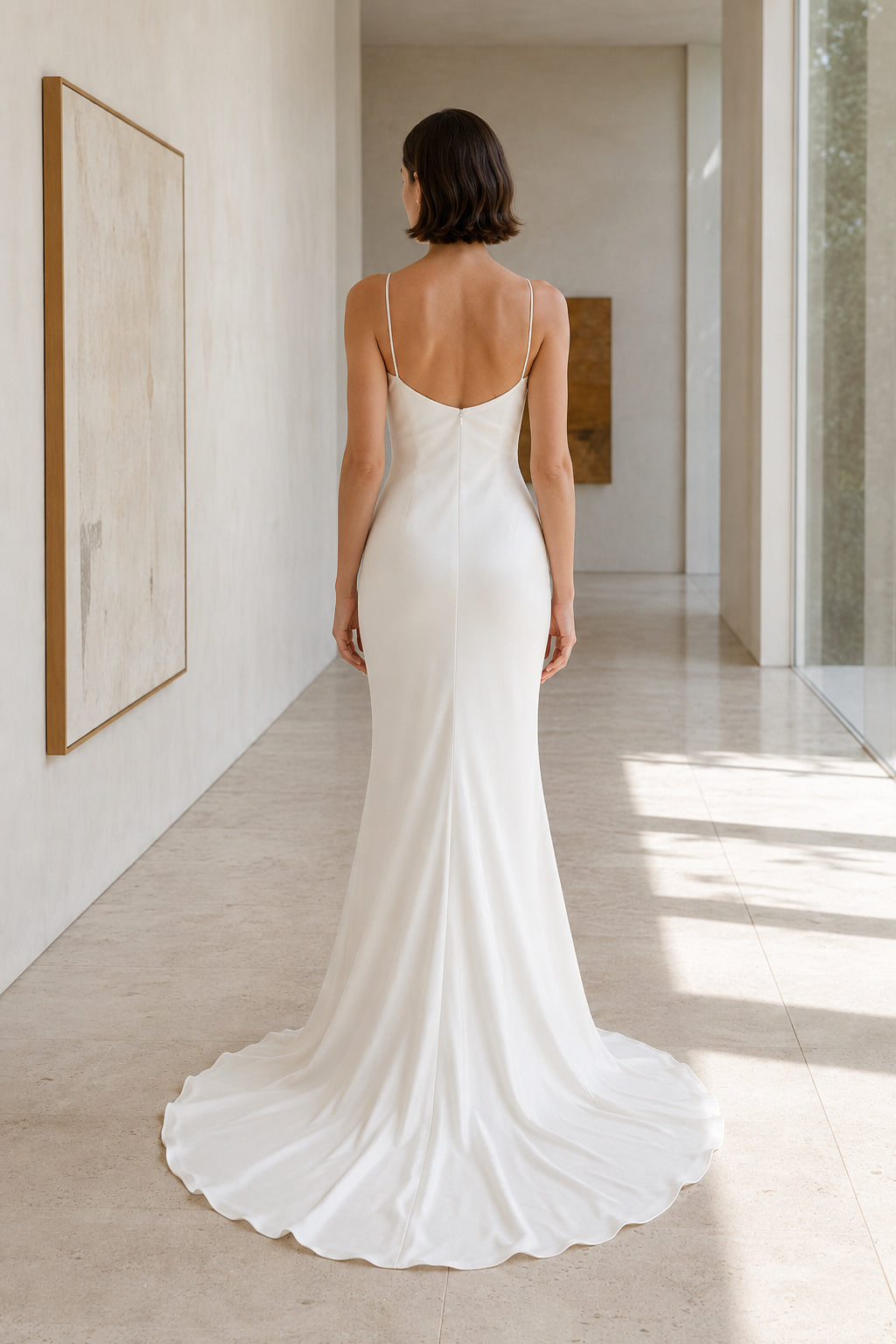 Cowl Neck Spaghetti Strap Satin Wedding Dress with Court Train back view
