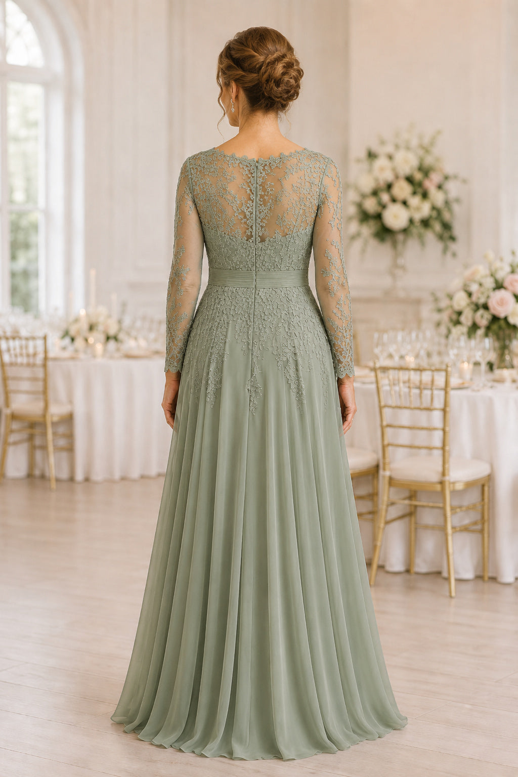 Sage Chiffon A-Line Mother Dress with Long Lace Illusion Sleeves back view