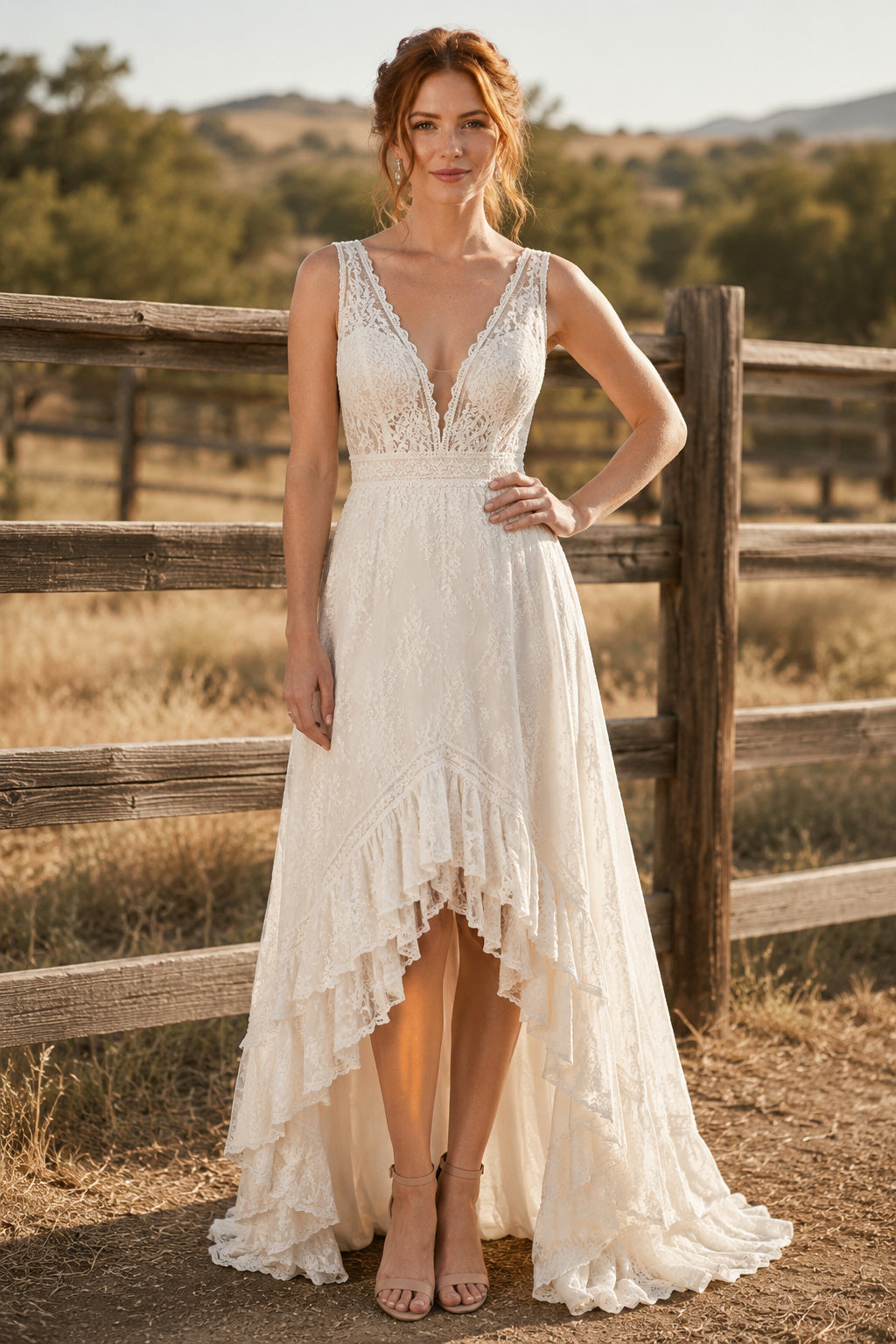 Deep V Strap High Low A-Line Wedding Dress with Lace Overlay and Sweep Back Train front view