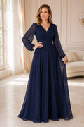 Dark Navy V-Neck Chiffon A-Line Mother Dress with Poet Sleeves front view