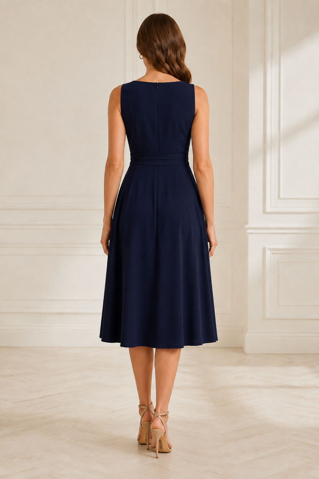 Dark Navy Sleeveless V-Neck A-Line Knee-Length Guest Dress back view