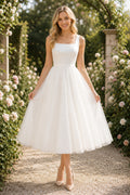 White Square Neck Sleeveless Clean Tulle Dress Tea Length A-Line Wedding Dress with Tulle Detail and Zipper Back front view