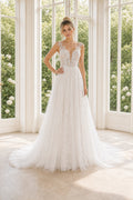 Ivory Bateau Short Sleeves A-Line Crepe Floor-length Wedding Dress With Floral Appliques and Front Slit and Open Back